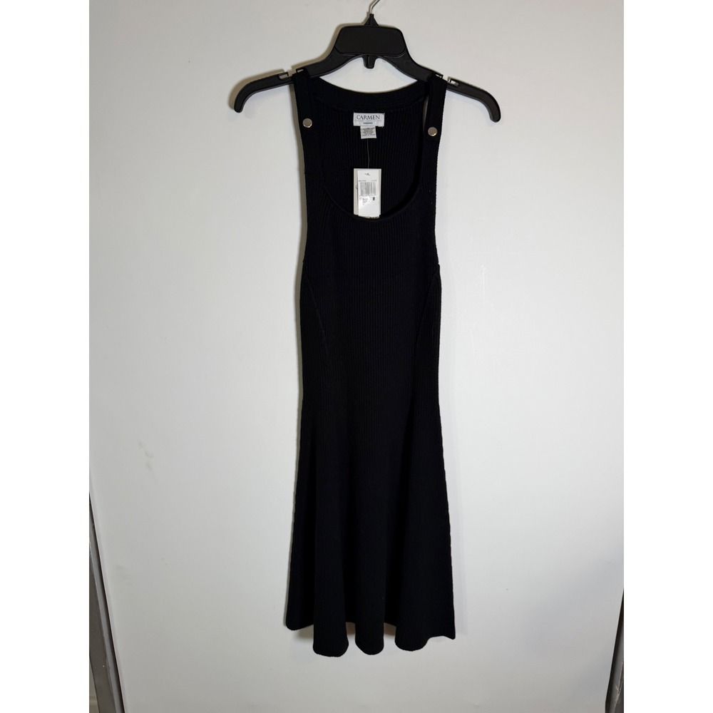 Carmen Marc Valvo Black Ribbed Knit Fit and Flare Sleeveless Dress CD0A029 M - Picture 1 of 6